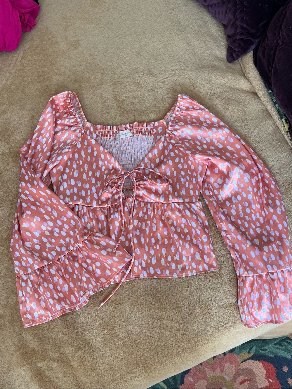 Altar'd State Coral Pink Dot Tie-Front Blouse